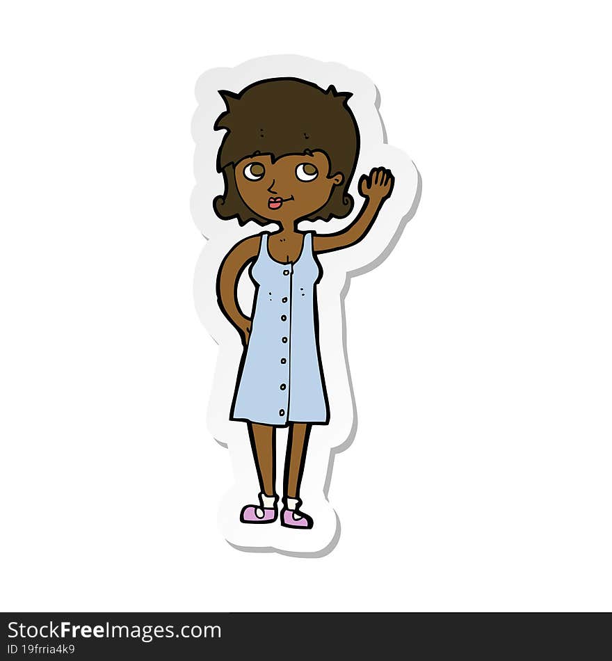 sticker of a cartoon pretty woman waving