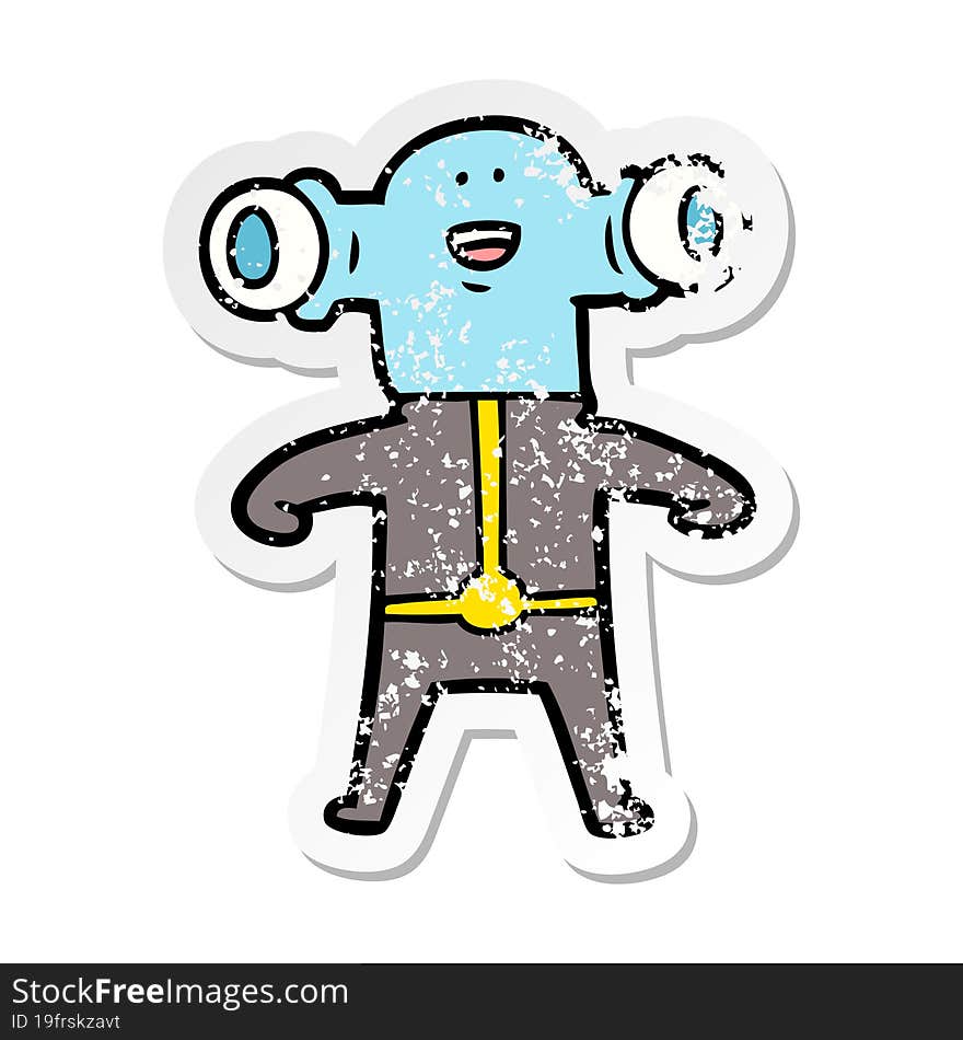 distressed sticker of a friendly cartoon alien