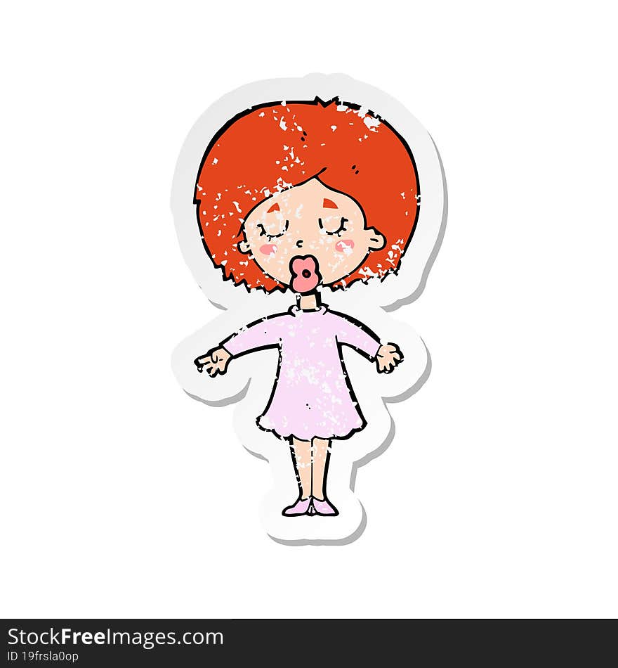 retro distressed sticker of a cartoon woman in dress