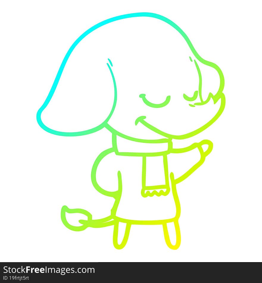 cold gradient line drawing cartoon smiling elephant wearing scarf