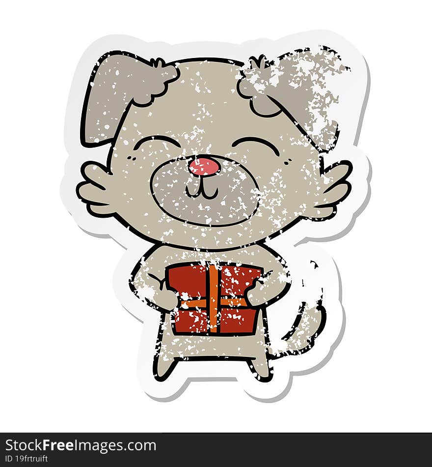 distressed sticker of a cartoon dog with present