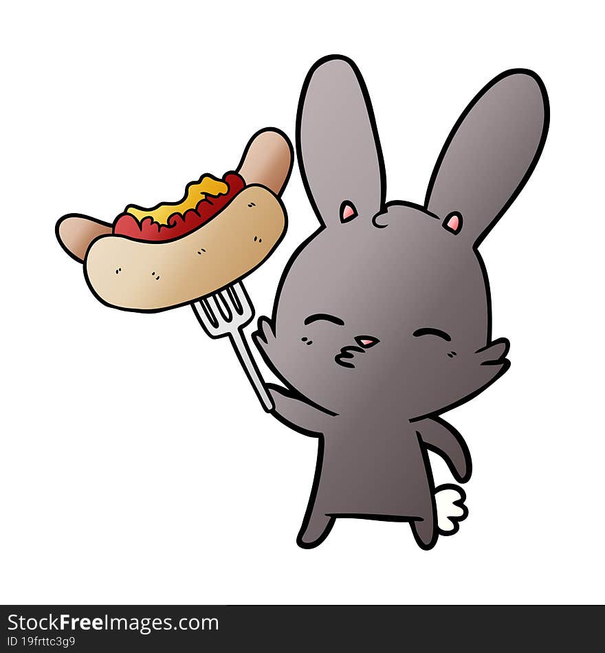 curious bunny cartoon with hotdog. curious bunny cartoon with hotdog