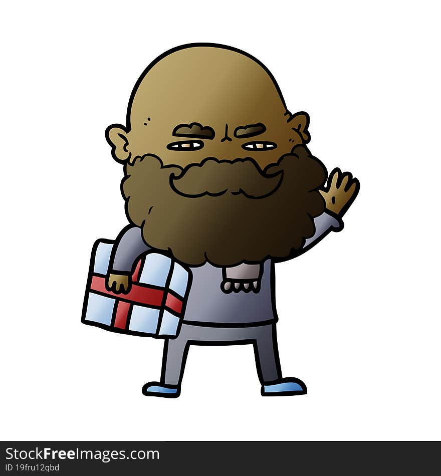 cartoon man with beard frowning with xmas gift. cartoon man with beard frowning with xmas gift