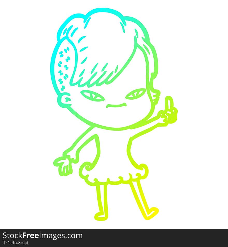 cold gradient line drawing of a cute cartoon girl with hipster haircut