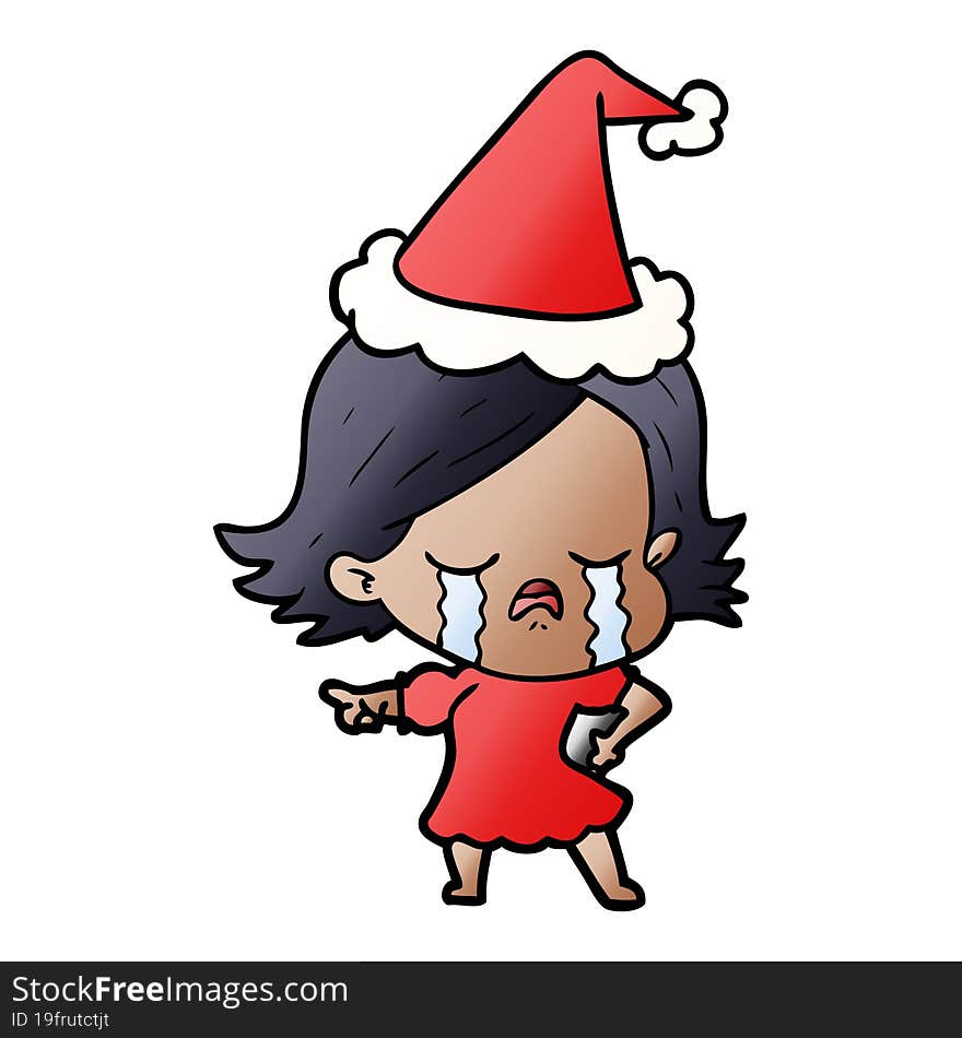 gradient cartoon of a girl crying and pointing wearing santa hat