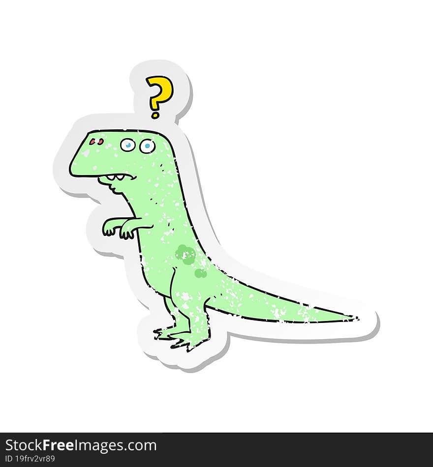 retro distressed sticker of a cartoon confused dinosaur