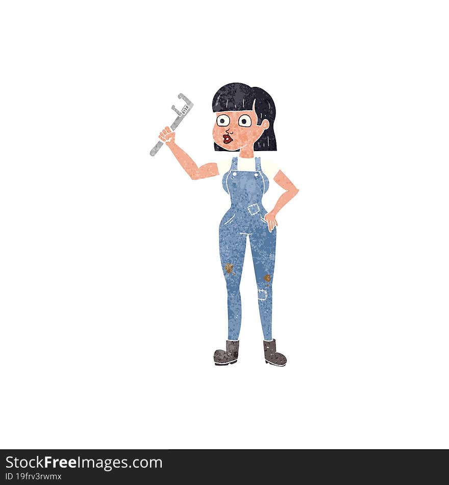 freehand retro cartoon female plumber