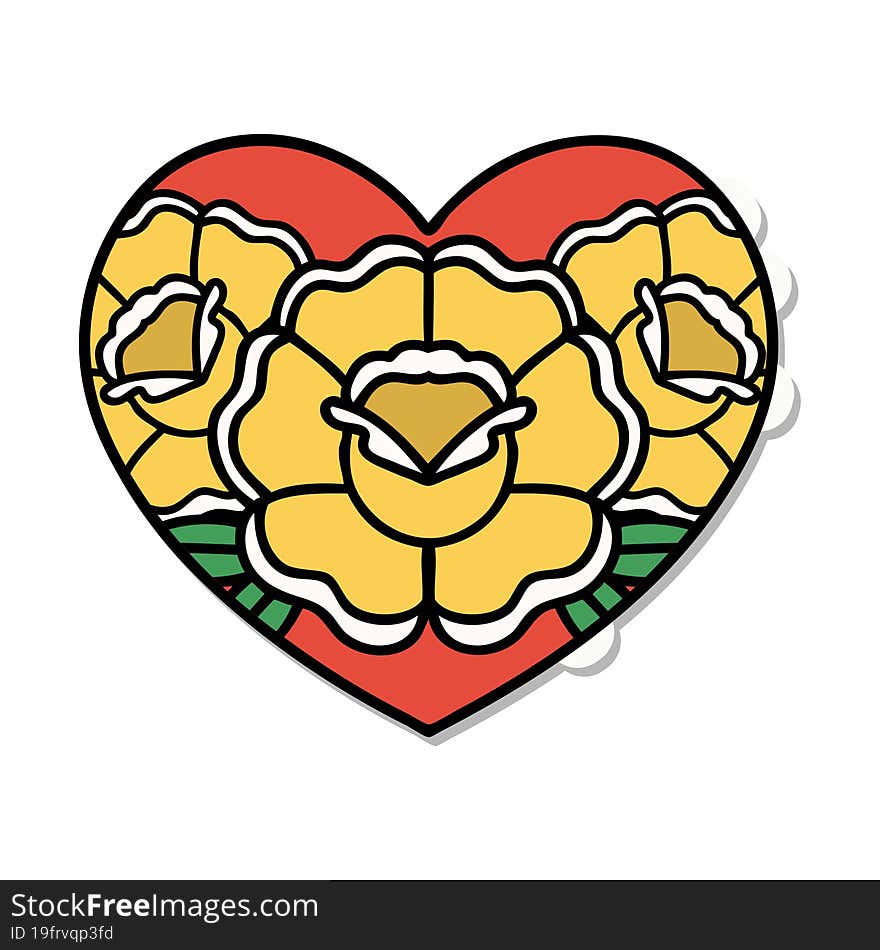 sticker of tattoo in traditional style of a heart and flowers. sticker of tattoo in traditional style of a heart and flowers