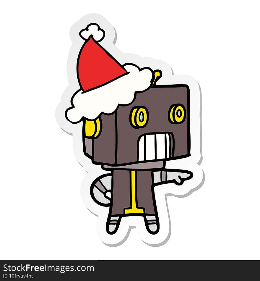 sticker cartoon of a robot wearing santa hat