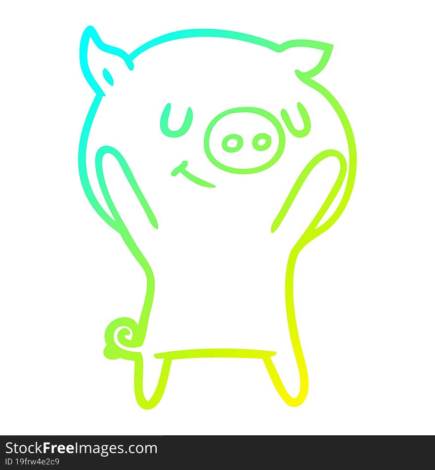 cold gradient line drawing of a happy cartoon pig