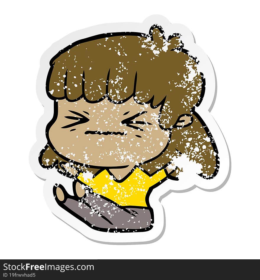 Distressed Sticker Of A Cartoon Angry Girl