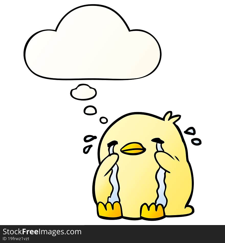 cartoon crying bird with thought bubble in smooth gradient style