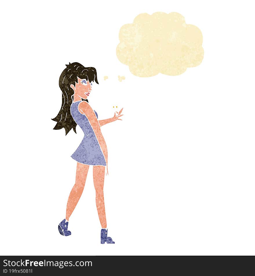 cartoon woman posing in dress with thought bubble