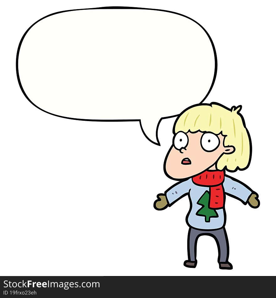 cartoon surprised christmas person with speech bubble