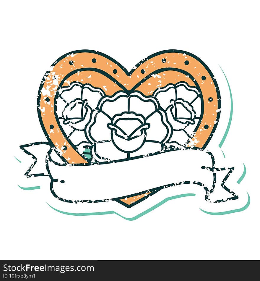 iconic distressed sticker tattoo style image of a heart and banner with flowers. iconic distressed sticker tattoo style image of a heart and banner with flowers