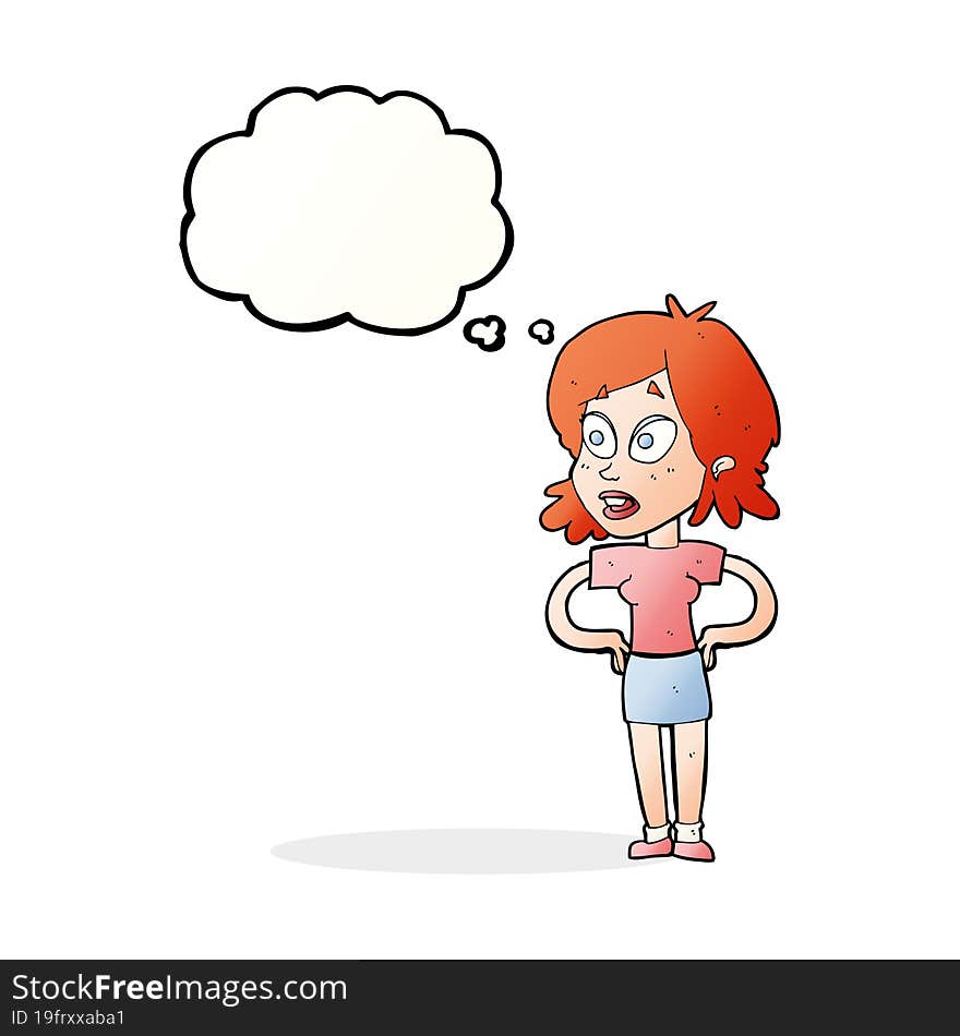 cartoon woman with hands on hips with thought bubble