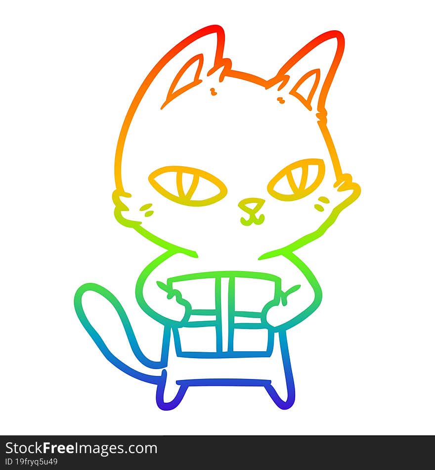 rainbow gradient line drawing cartoon cat holding parcel