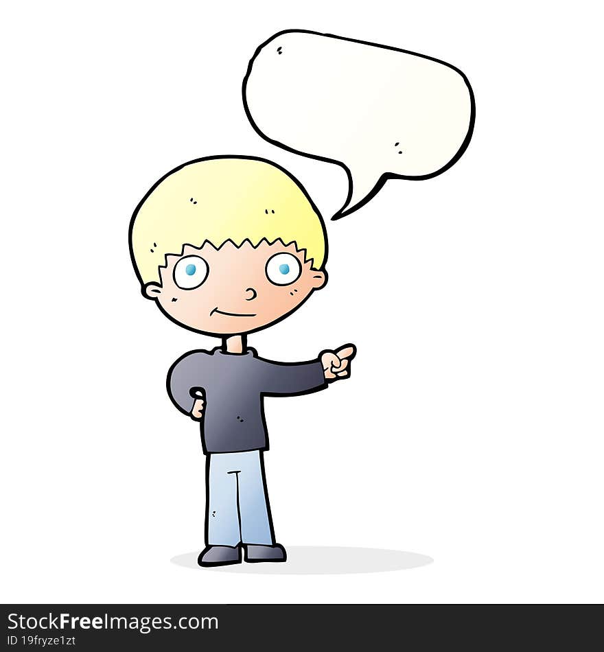 Cartoon Happy Boy Pointing With Speech Bubble