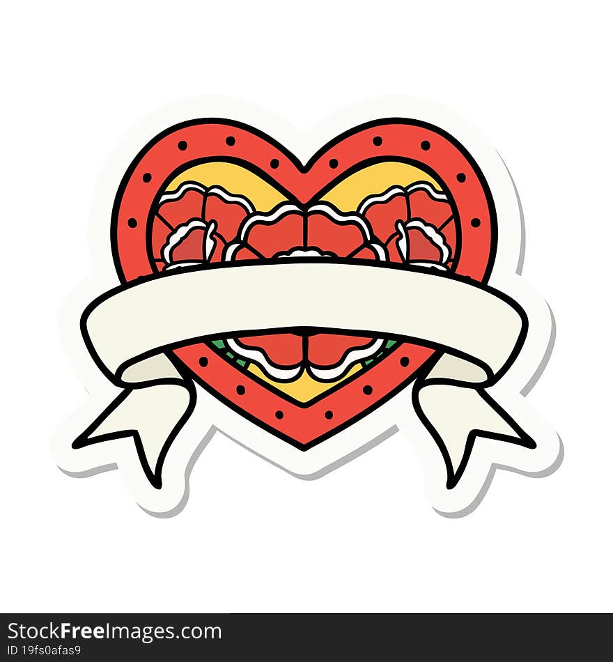 Tattoo Style Sticker Of A Heart And Banner With Flowers