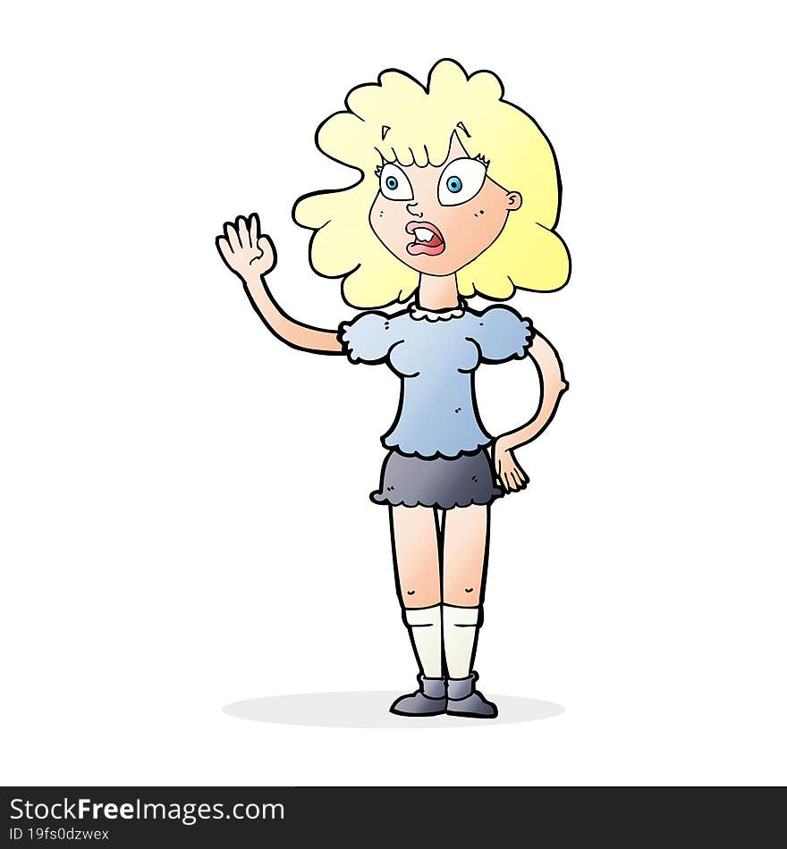 cartoon worried woman waving