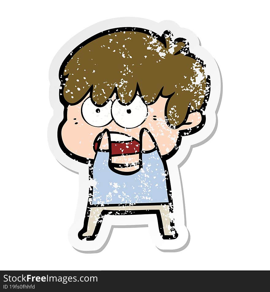 distressed sticker of a worried cartoon boy