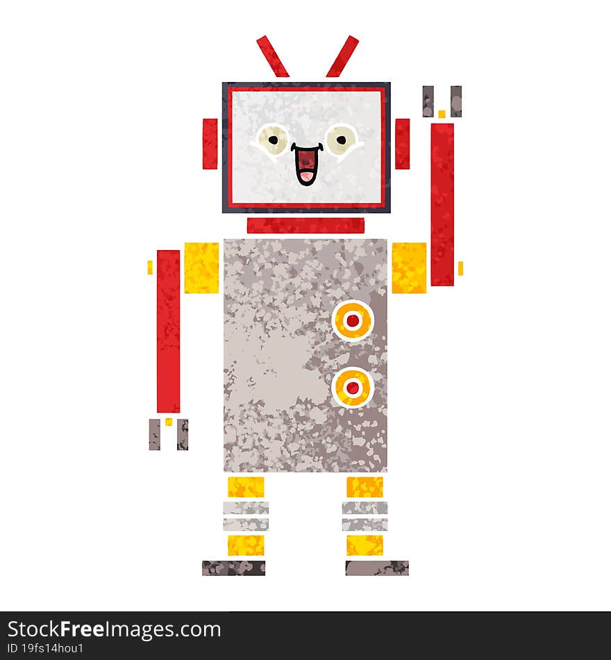 retro illustration style cartoon of a happy robot