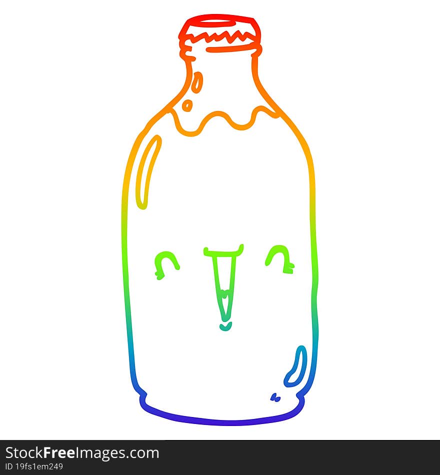 rainbow gradient line drawing of a cute cartoon milk bottle