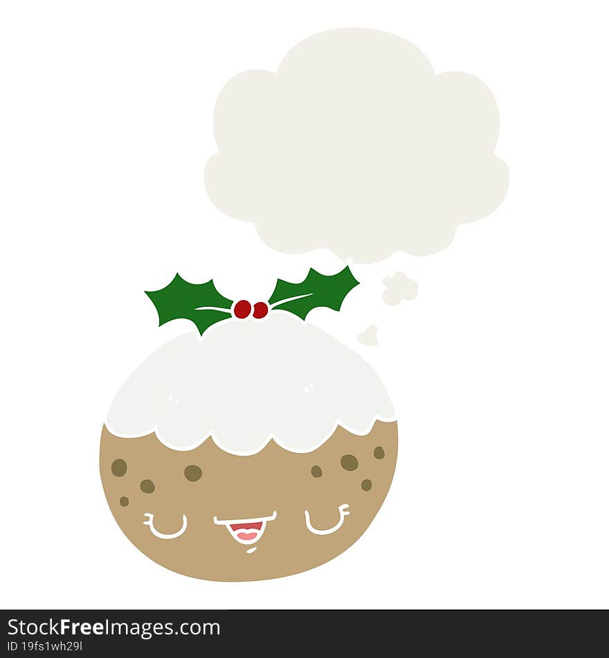 cute cartoon christmas pudding and thought bubble in retro style