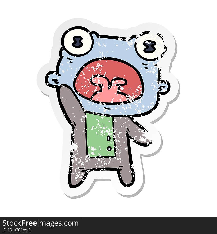 distressed sticker of a cartoon weird alien waving