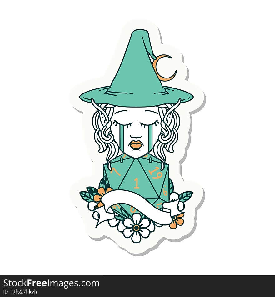 Crying Elf Mage Character Face With Natural One D20 Roll Sticker