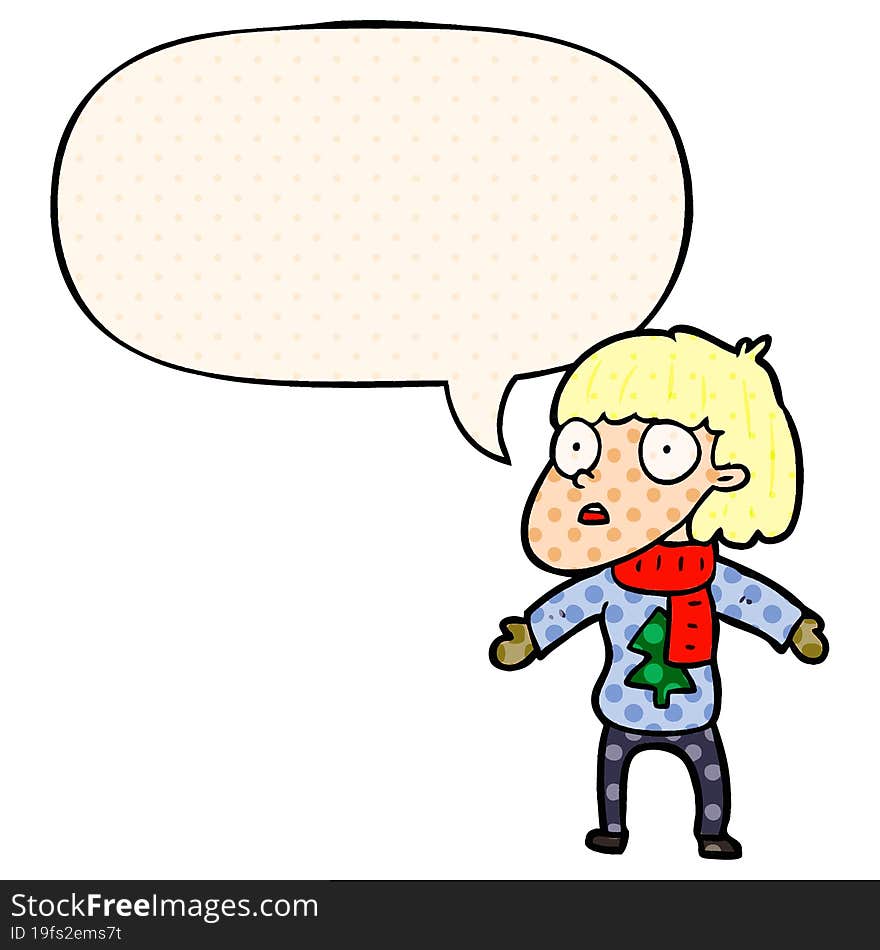 cartoon surprised christmas person and speech bubble in comic book style