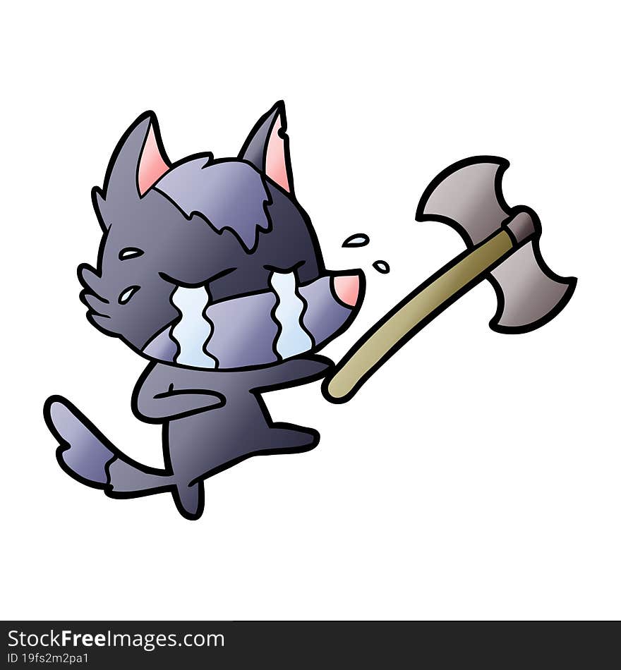 cartoon crying wolf throwing axe. cartoon crying wolf throwing axe