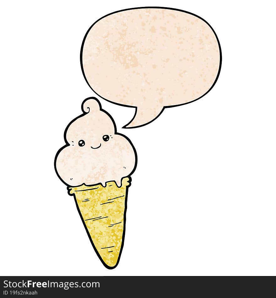 cartoon ice cream and speech bubble in retro texture style