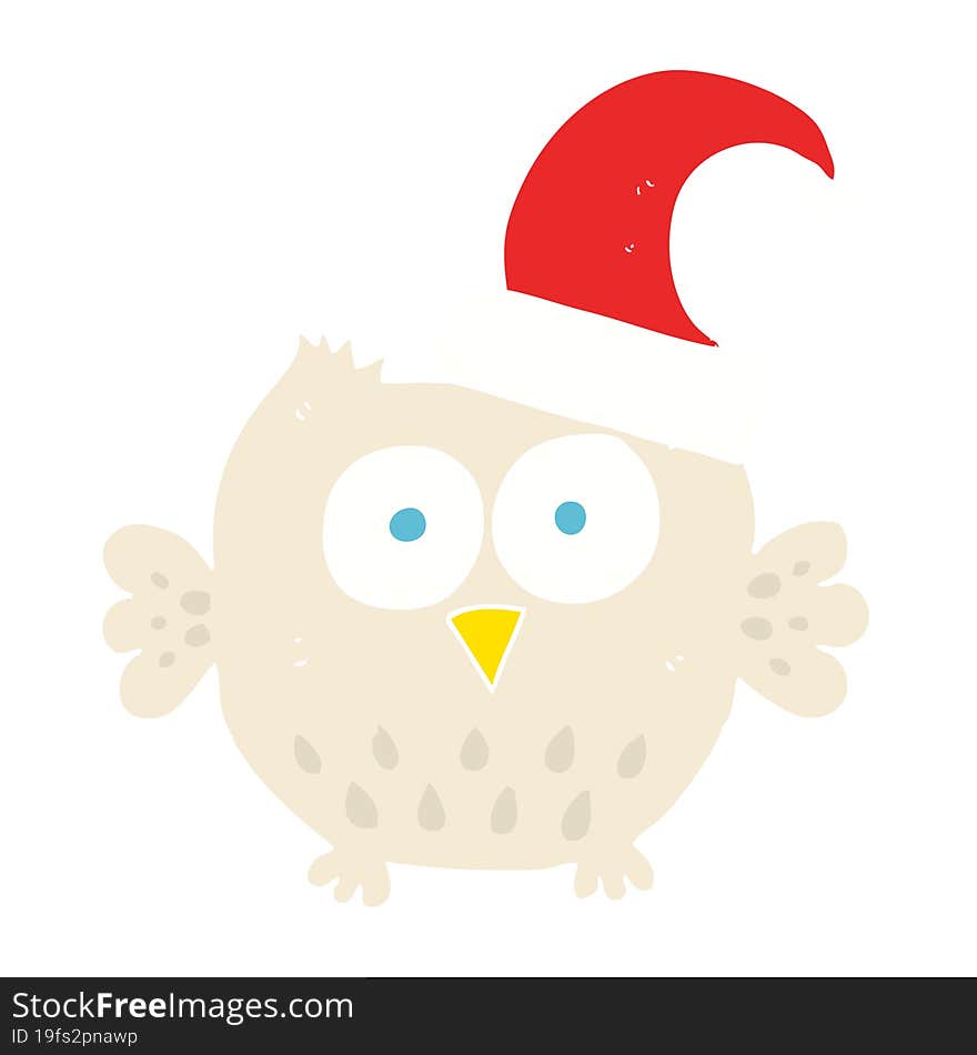 flat color illustration of a cartoon little owl wearing christmas hat