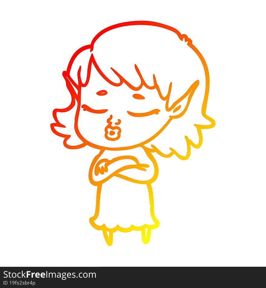 warm gradient line drawing pretty cartoon elf girl with corssed arms