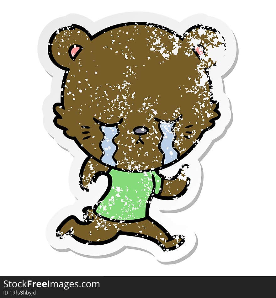 distressed sticker of a crying cartoon bear running