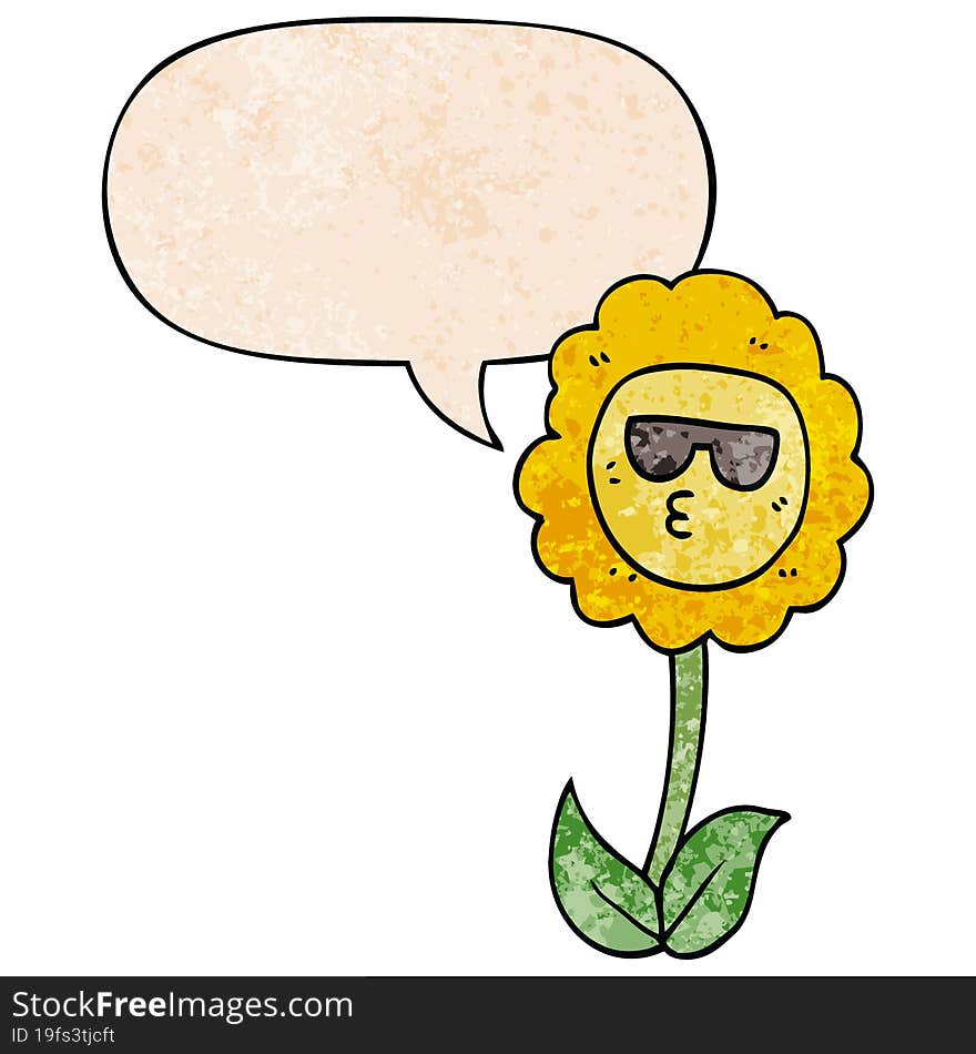 Cartoon Flower And Speech Bubble In Retro Texture Style