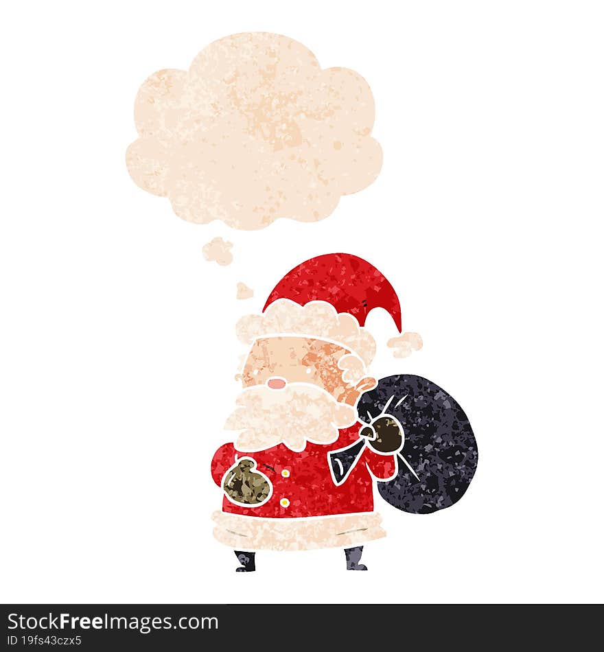 cartoon santa claus and thought bubble in retro textured style