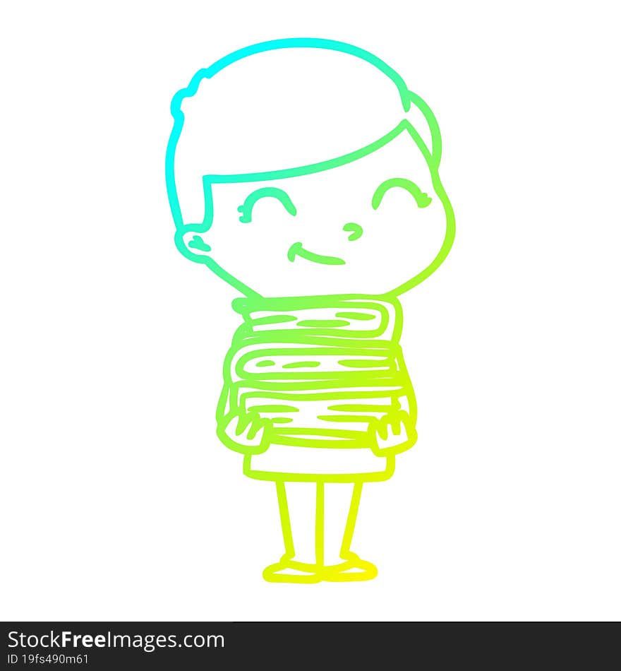 Cold Gradient Line Drawing Cartoon Boy With Books Smiling