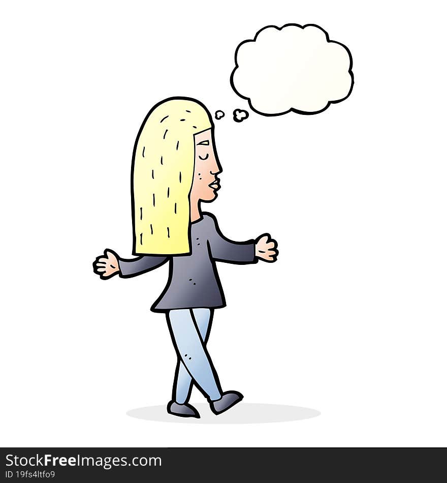 cartoon woman shrugging shoulders with thought bubble