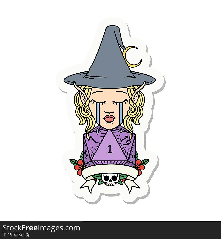 crying elf mage character with natural one dice roll sticker