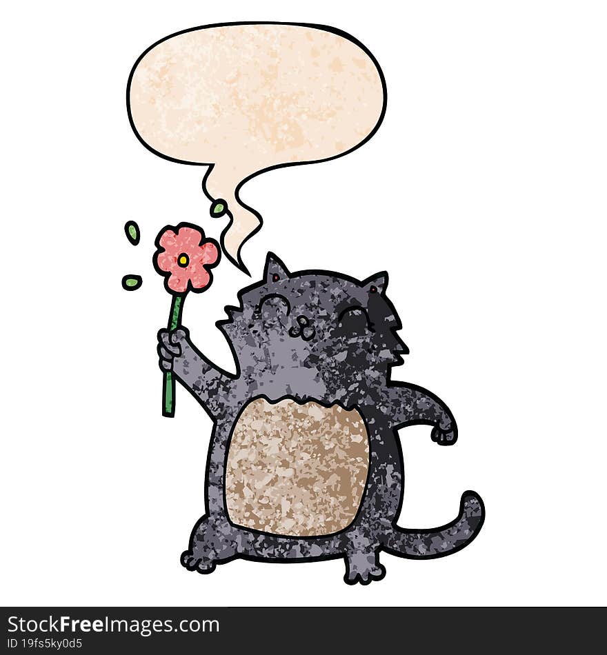 cartoon cat and flower and speech bubble in retro texture style