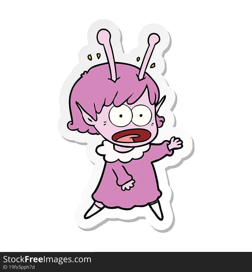 sticker of a cartoon shocked alien girl