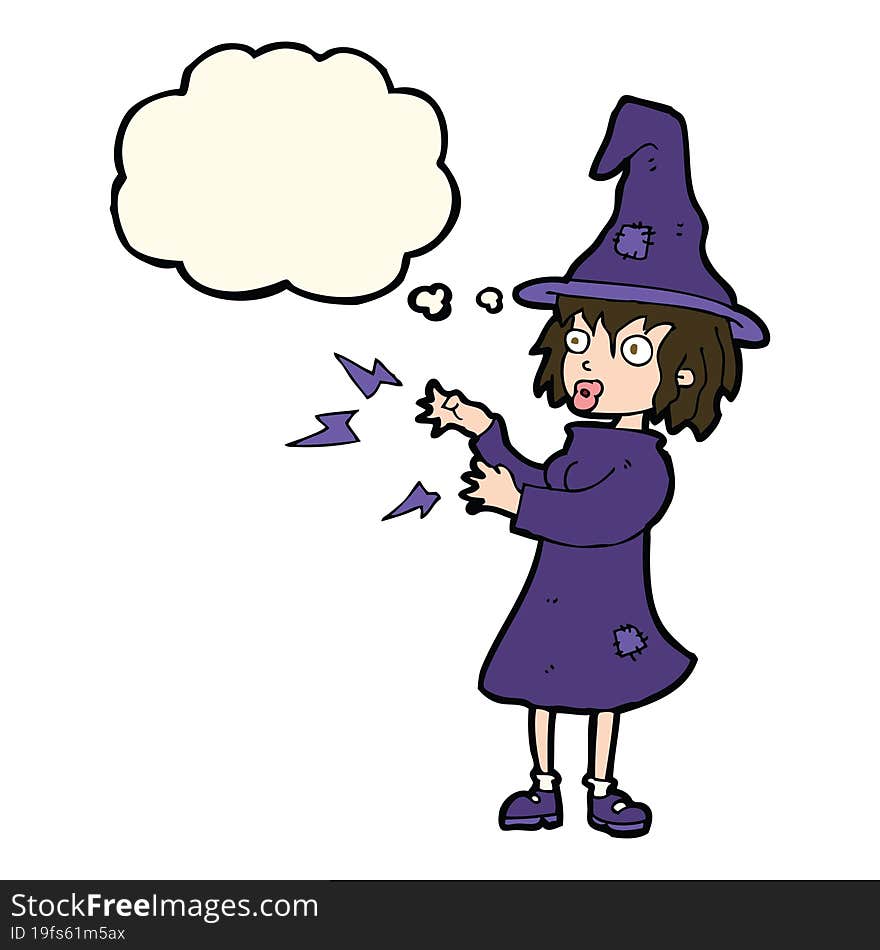 cartoon witch casting spell with thought bubble