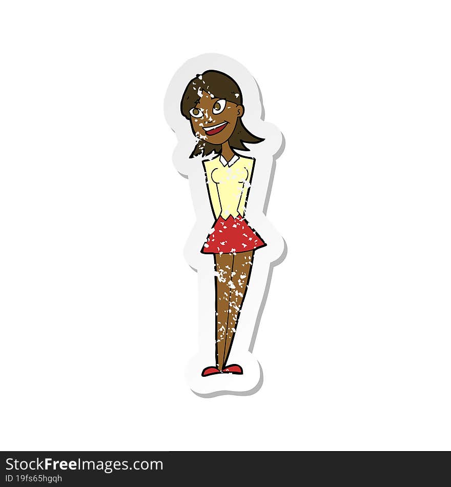 Retro Distressed Sticker Of A Cartoon Happy Woman