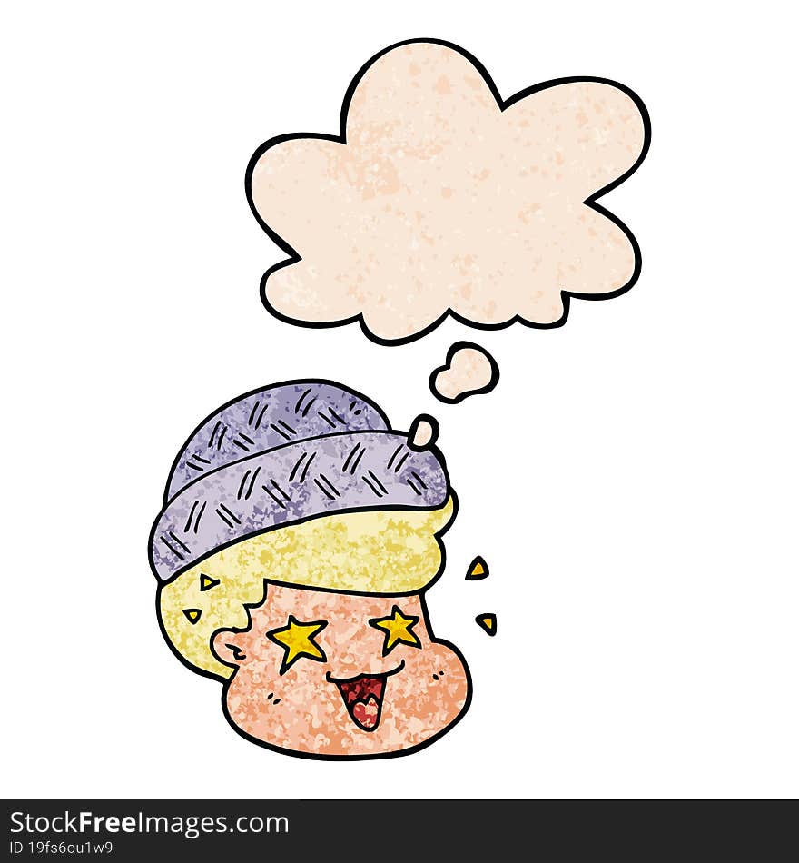 cartoon boy wearing hat and thought bubble in grunge texture pattern style