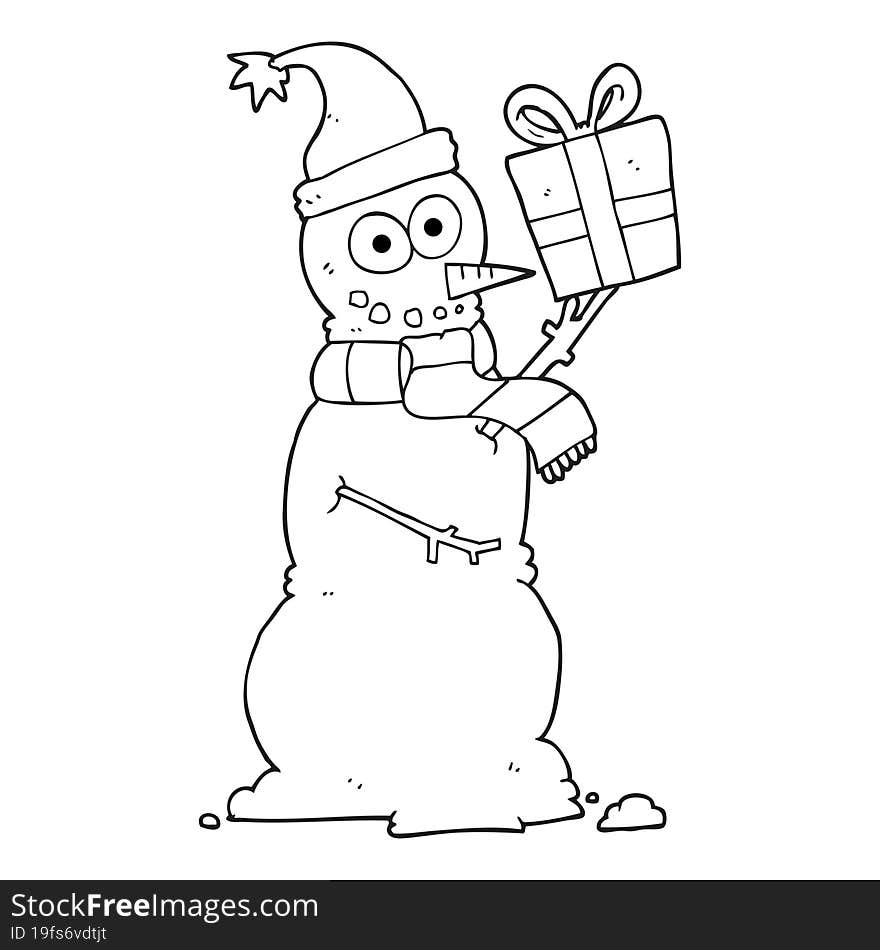 black and white cartoon snowman holding present