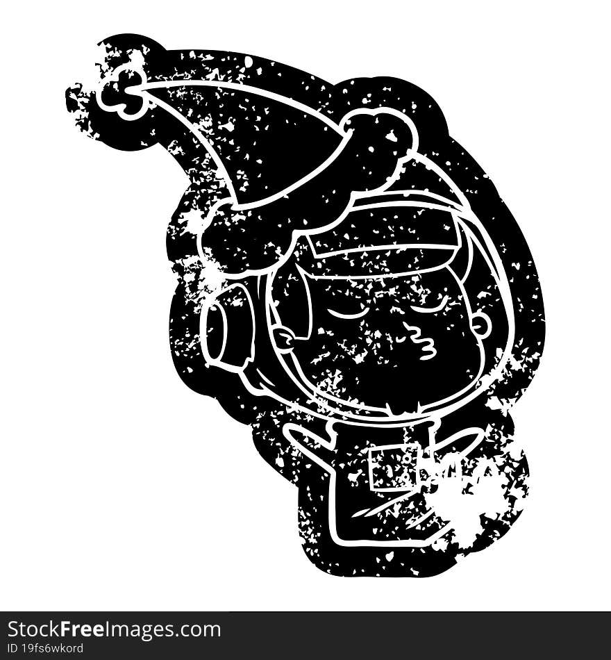 cartoon distressed icon of a confident astronaut wearing santa hat