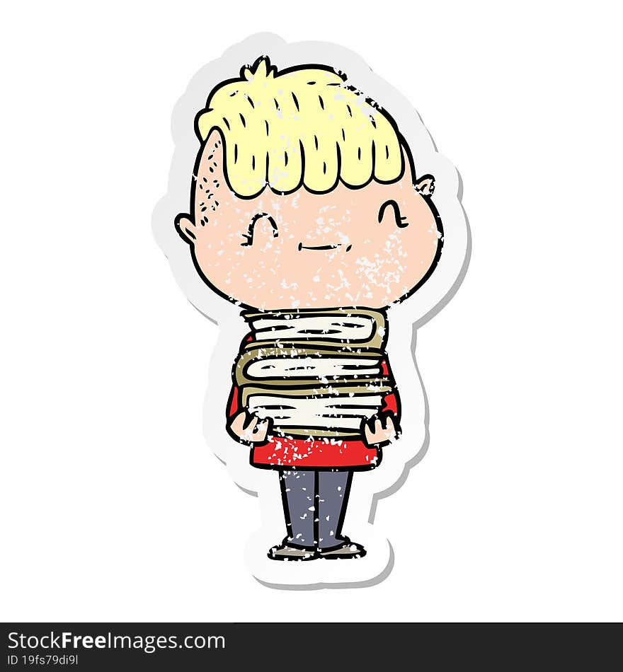 distressed sticker of a cartoon friendly boy with books