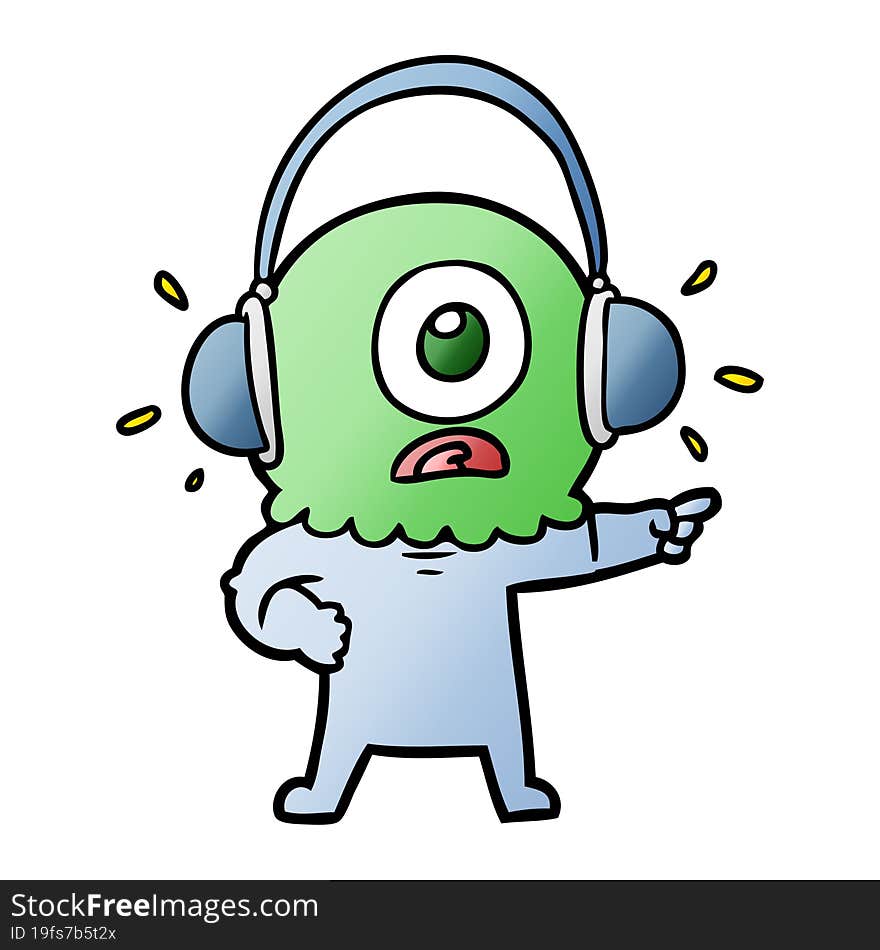 cartoon cyclops alien spaceman pointing wearing headphones. cartoon cyclops alien spaceman pointing wearing headphones